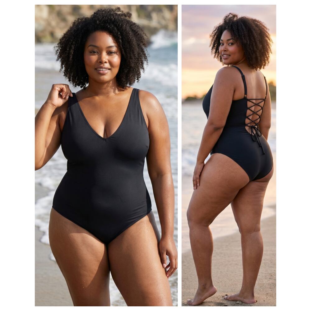 TA3 Plungey One Piece Swimsuit 2X Reg Long Black Lace Up NWT